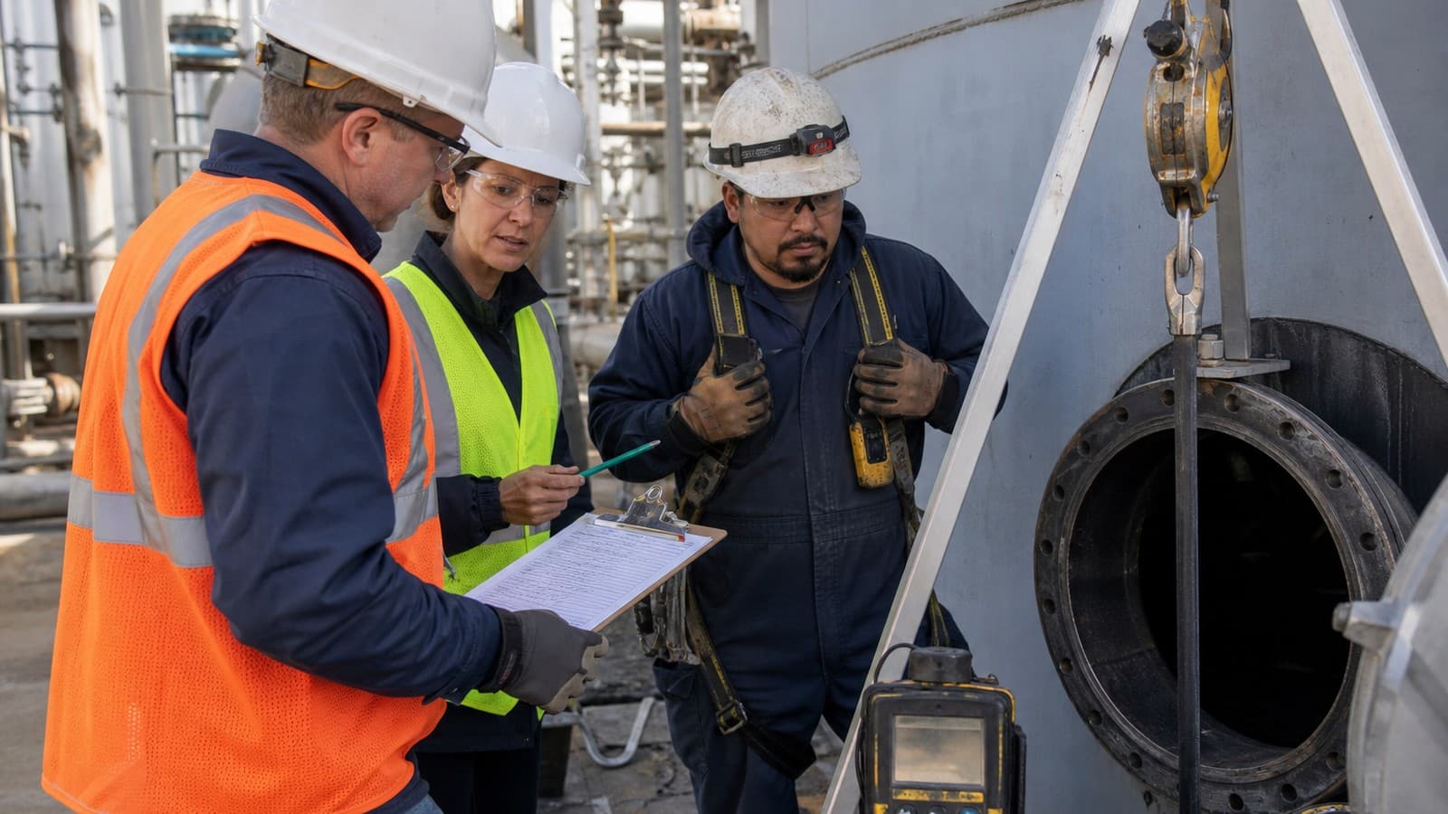 Confined space entry interpreters Indiana manufacturing crews rely on: an entry supervisor reviewing a permit with an interpreter beside a Spanish-speaking worker at a tank entry point