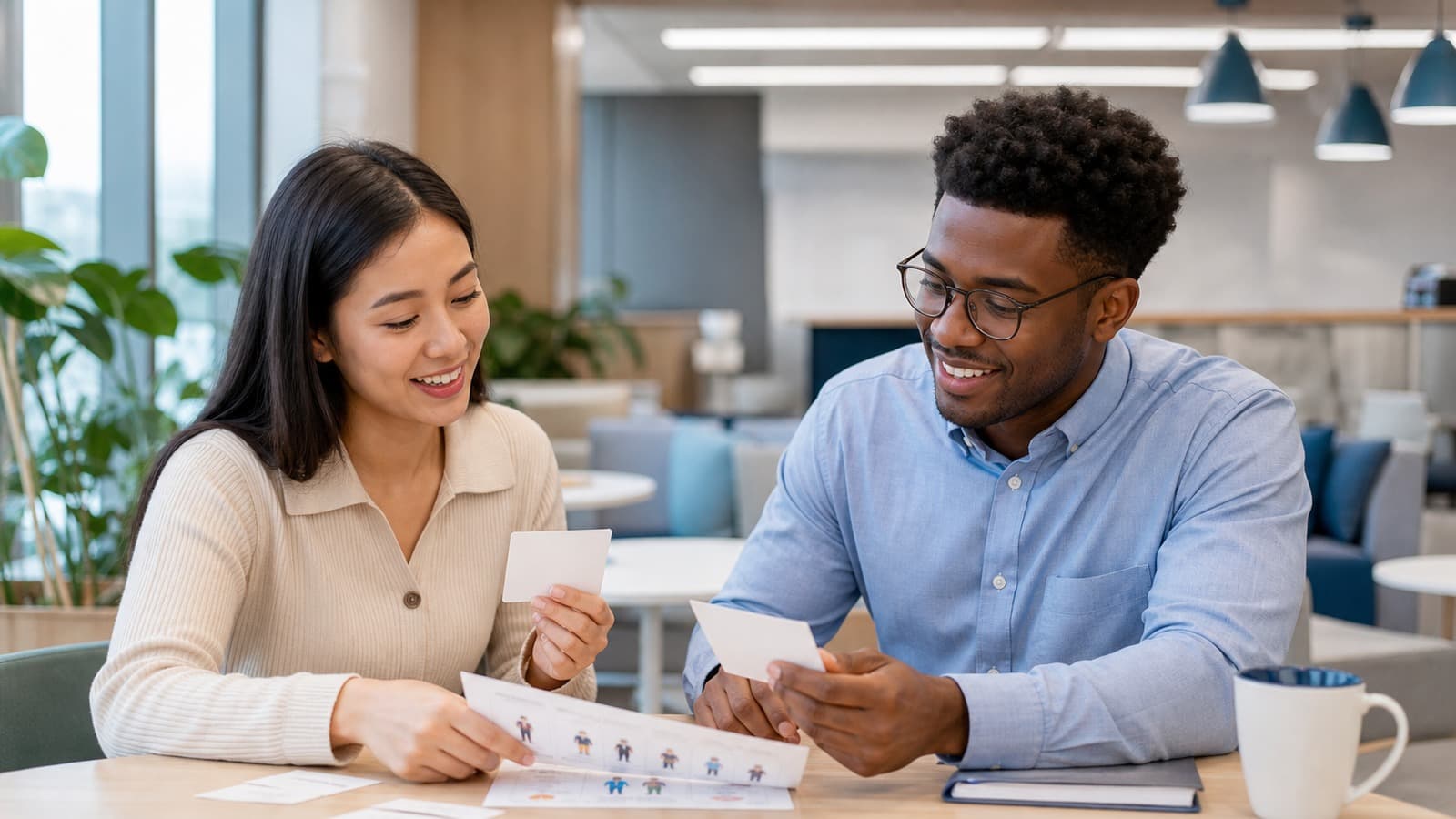 Colleagues working through paperwork together at an office desk