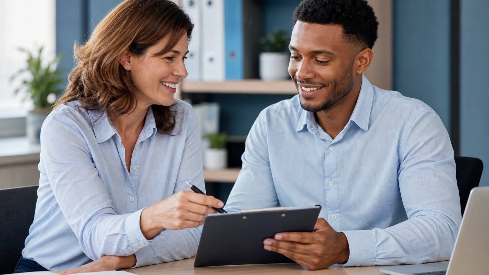 Two colleagues reviewing information together on a tablet