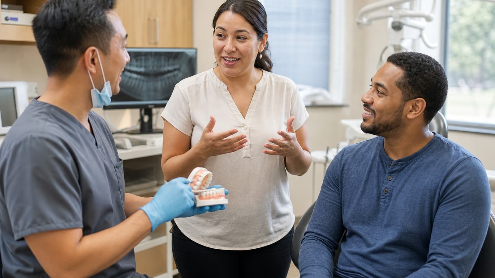 Dental interpreters Indiana patients rely on: an interpreter helping a dentist explain a treatment plan to a patient in a dental office