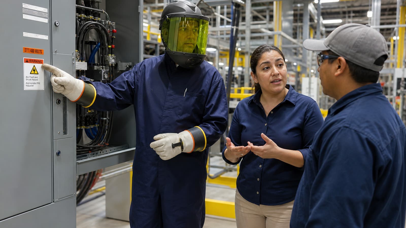 Electrical safety training interpreters Indiana manufacturers trust: a trainer in arc-flash PPE pointing to a warning label on an electrical panel while an interpreter explains it to a worker