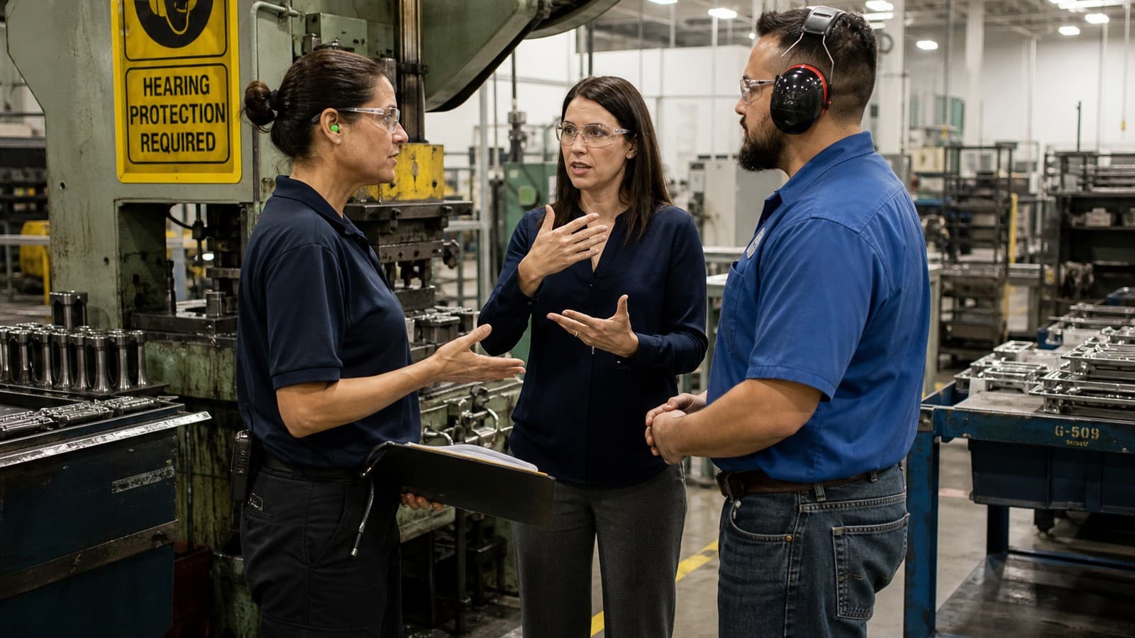 Hearing conservation interpreters Indiana manufacturers rely on: an interpreter facilitating a hearing protection safety conversation on a factory floor