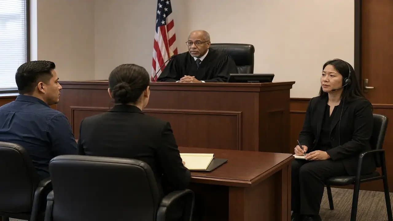 An interpreter supporting a client in a courtroom
