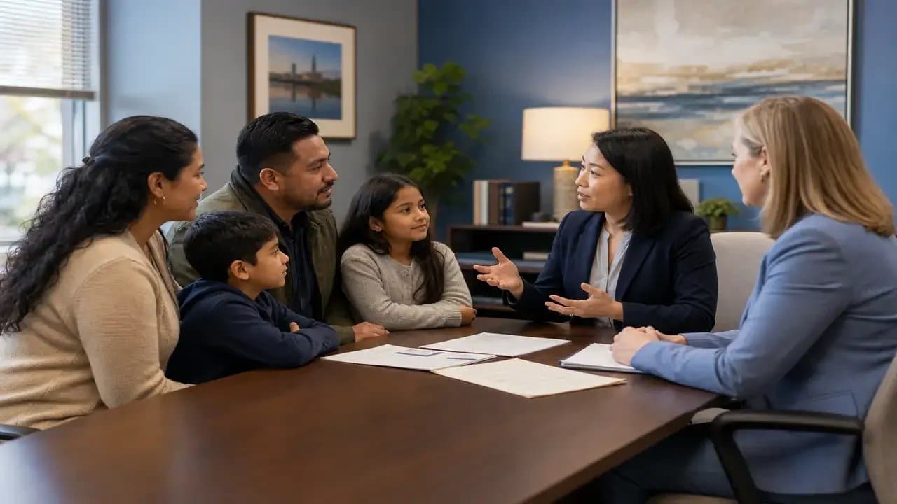 An interpreter helping a family during a legal aid meeting