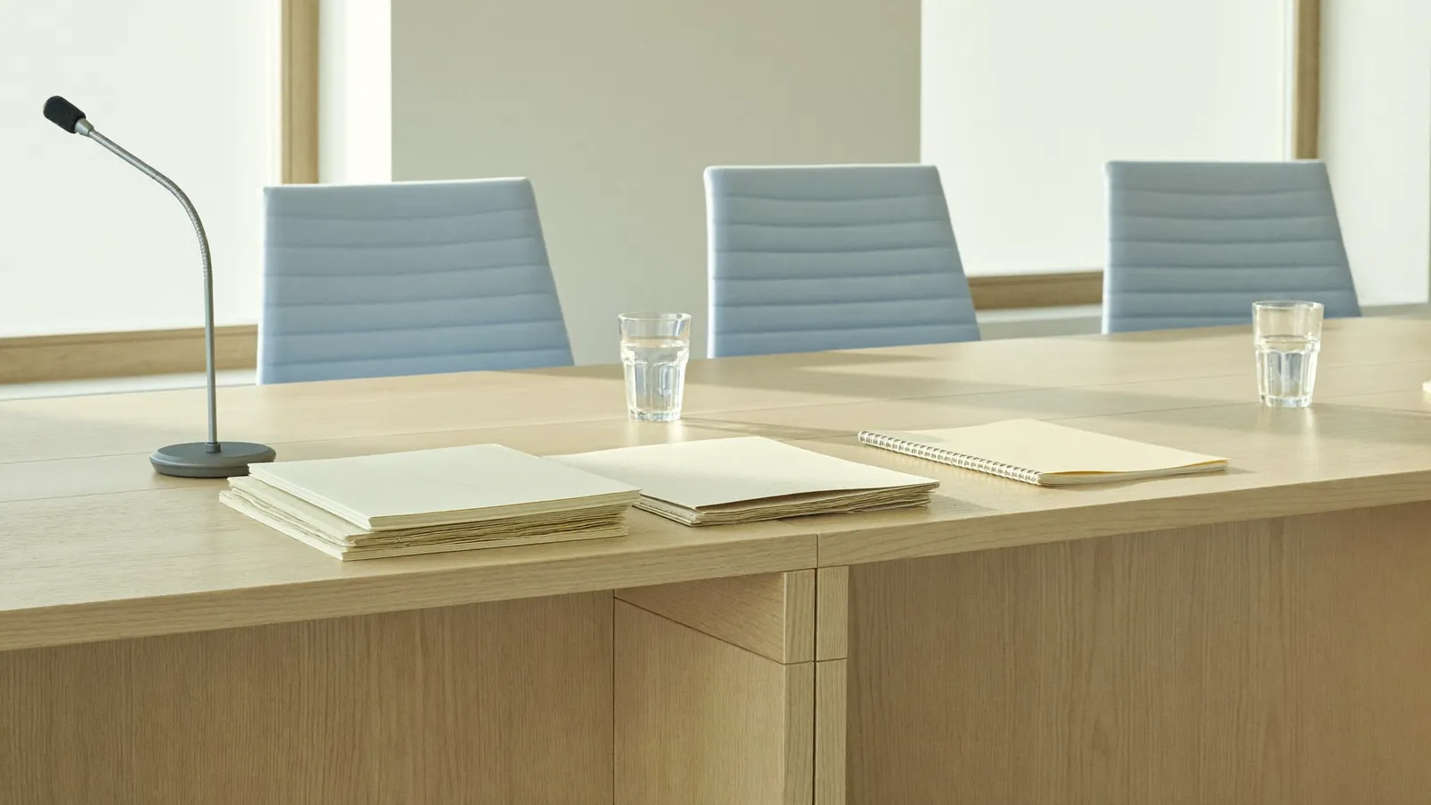 Conference room set up for legal interpretation during a deposition