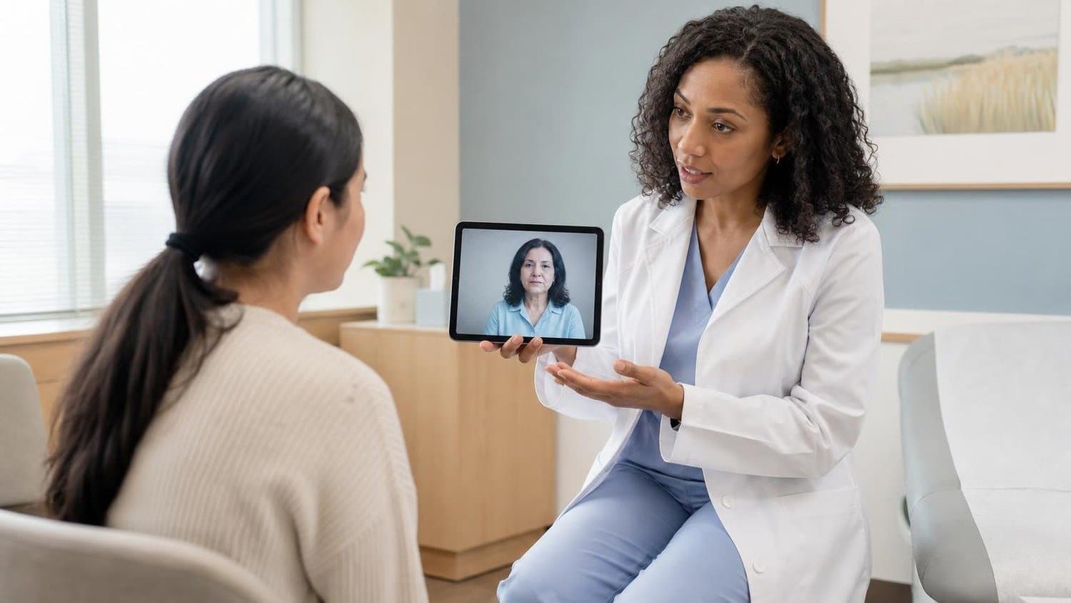 A clinician and patient connecting with an interpreter by video