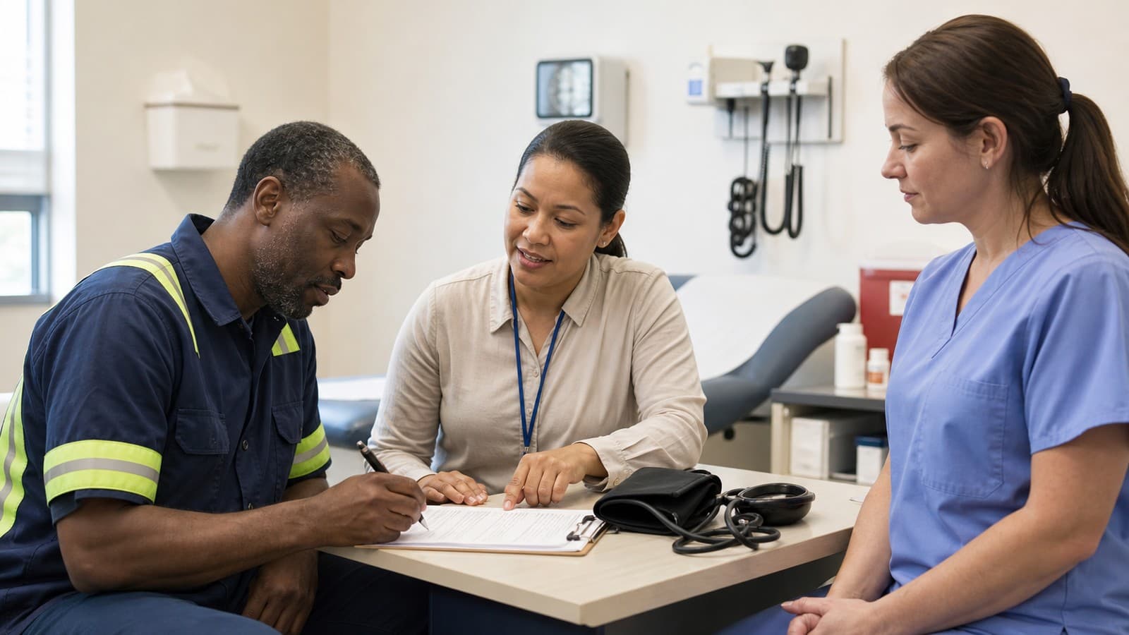 Occupational health clinic interpreters Indiana manufacturers rely on helping a new hire complete a pre-employment physical intake form with a clinic nurse
