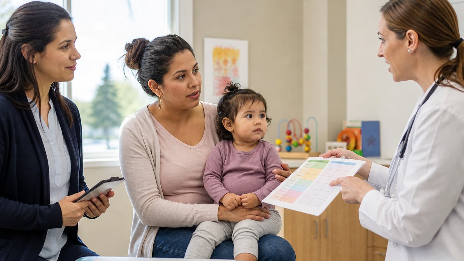 Pediatric interpreters Indiana clinics rely on: an interpreter beside a mother holding her toddler as a pediatrician reviews a vaccine schedule chart