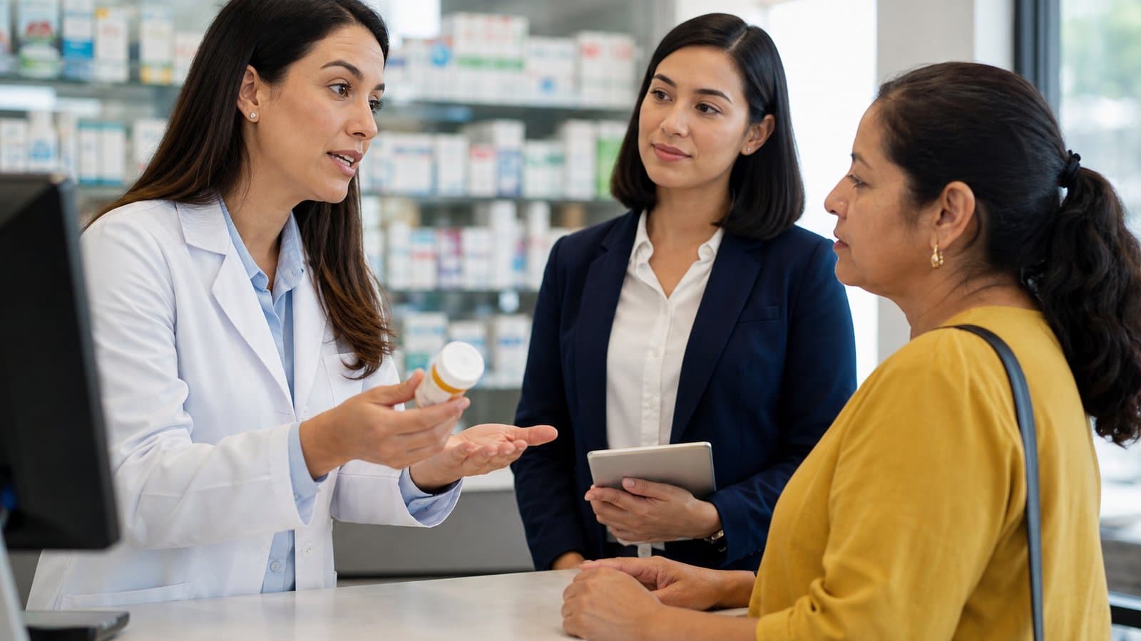 Pharmacy medication counseling interpreters Indiana patients rely on: a pharmacist explaining a prescription bottle to a Spanish-speaking patient with a professional interpreter beside them at the counter