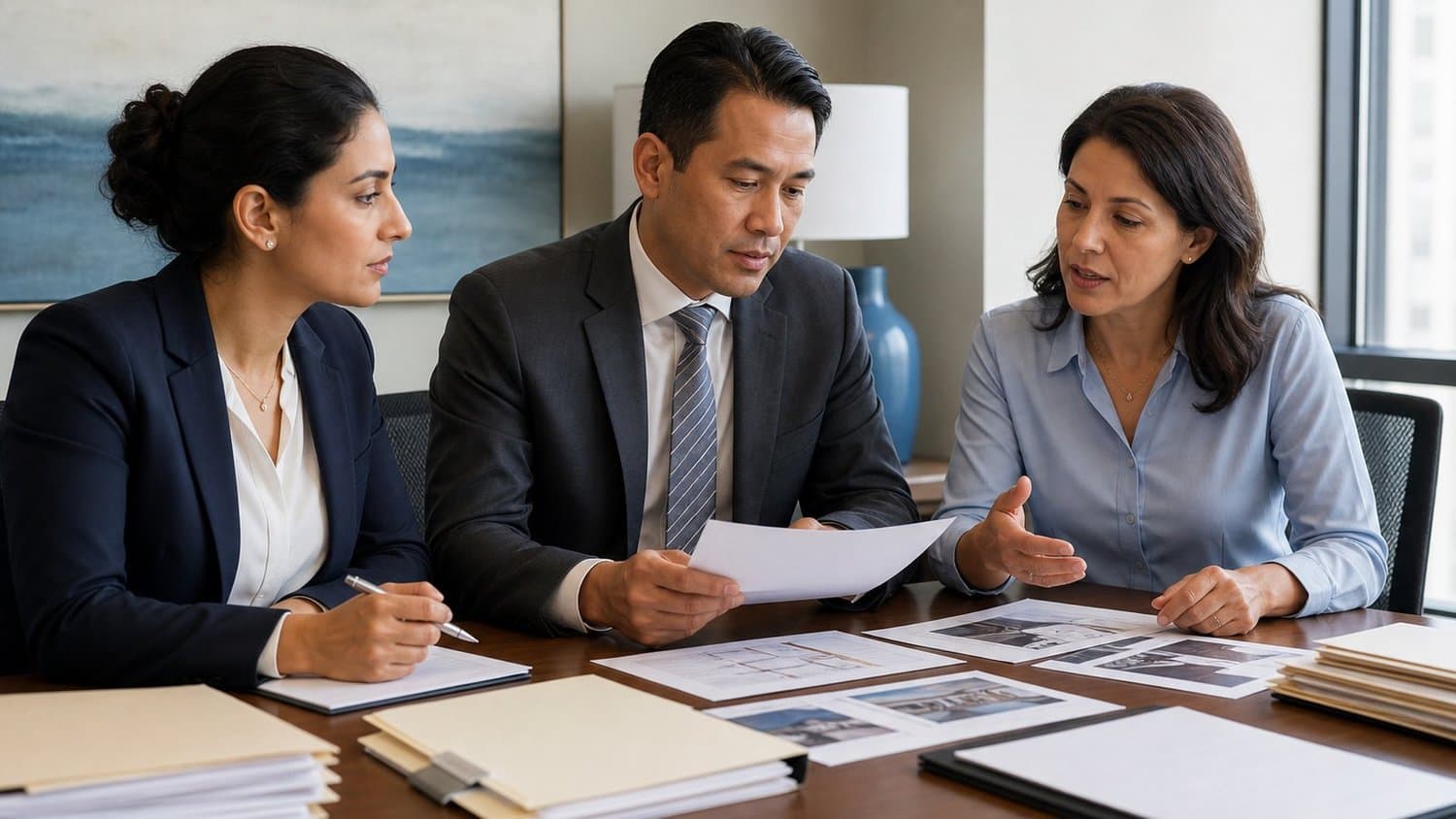 An interpreter supporting a business meeting with documents on the table