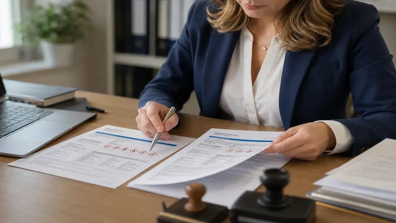 A translator reviewing documents at a desk