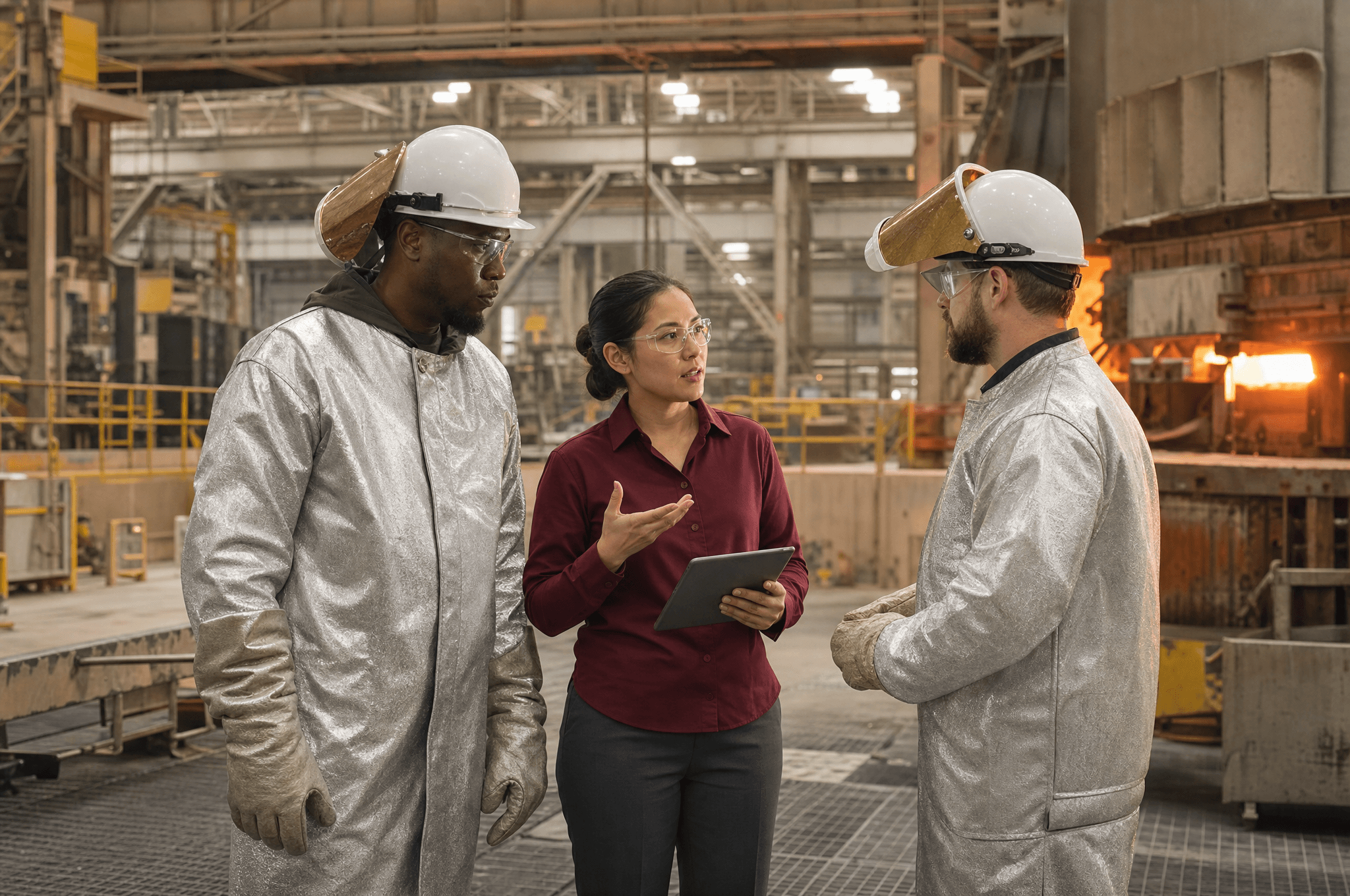 Industrial team in protective equipment meeting beside a molten-metal furnace