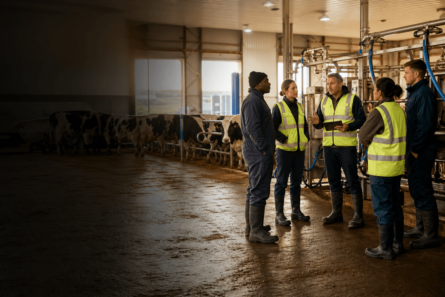 Dairy farm team safety briefing beside milking equipment with Holstein cows