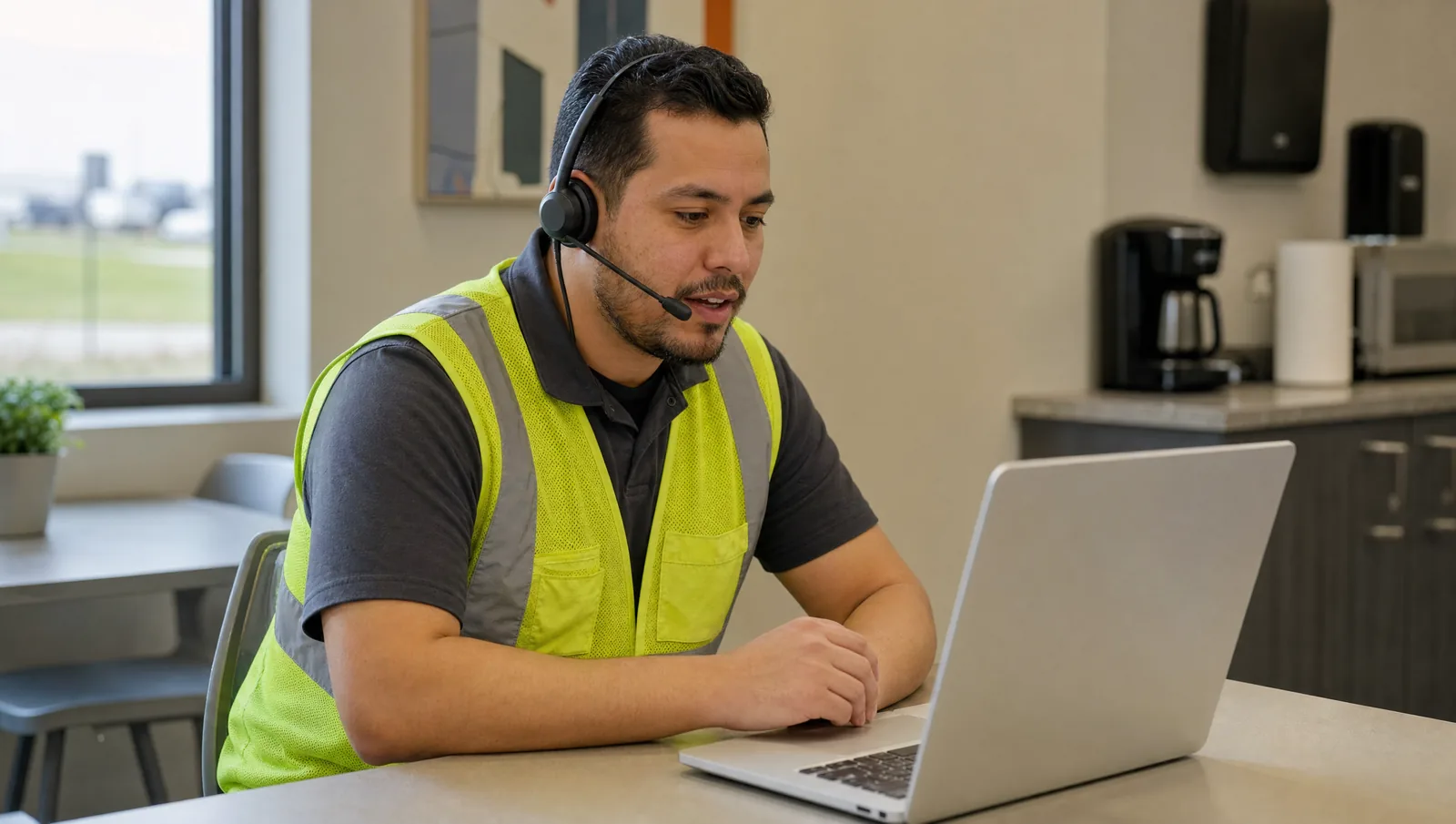 Warehouse employee in a hi-vis vest wearing a headset and completing an online speaking assessment on a laptop in a break room