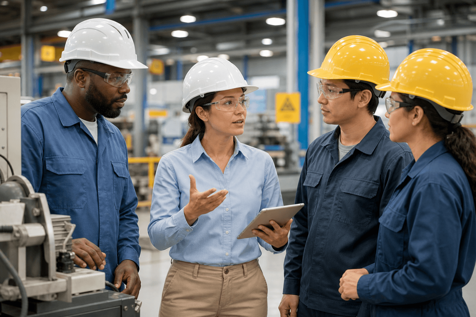 Una intérprete de Heartland trabajando con un equipo de producción en la planta