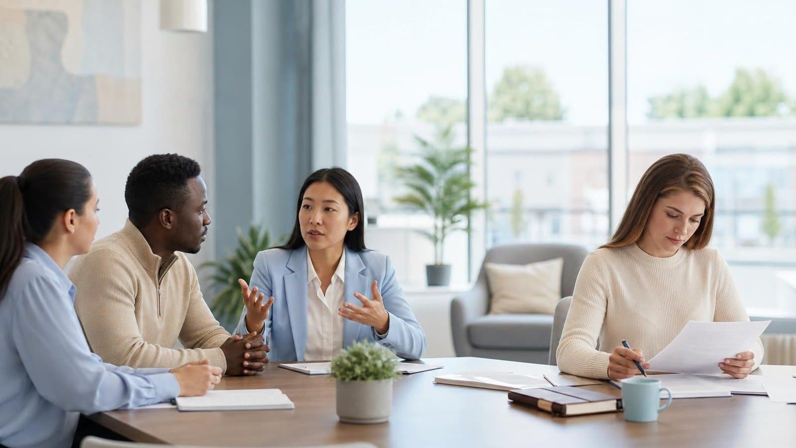Colleagues discussing documents at a table while another person reviews paperwork
