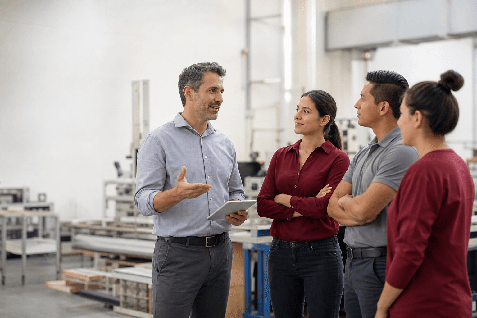 Supervisor speaking with a Spanish-speaking employee in a bright workplace setting