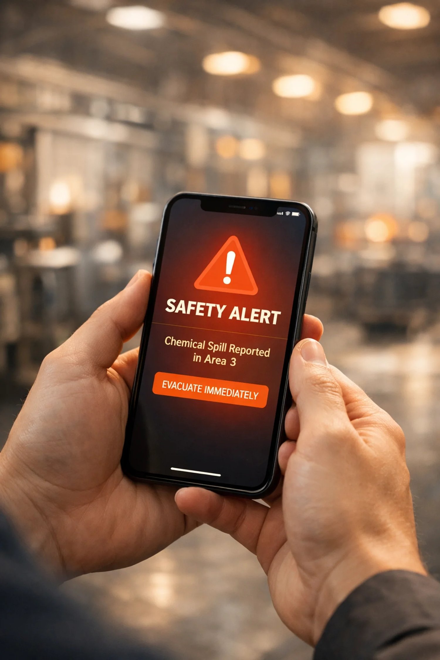 Worker holding smartphone displaying emergency safety alert for chemical spill evacuation in a manufacturing plant, highlighting the need for accurate OSHA safety translation.