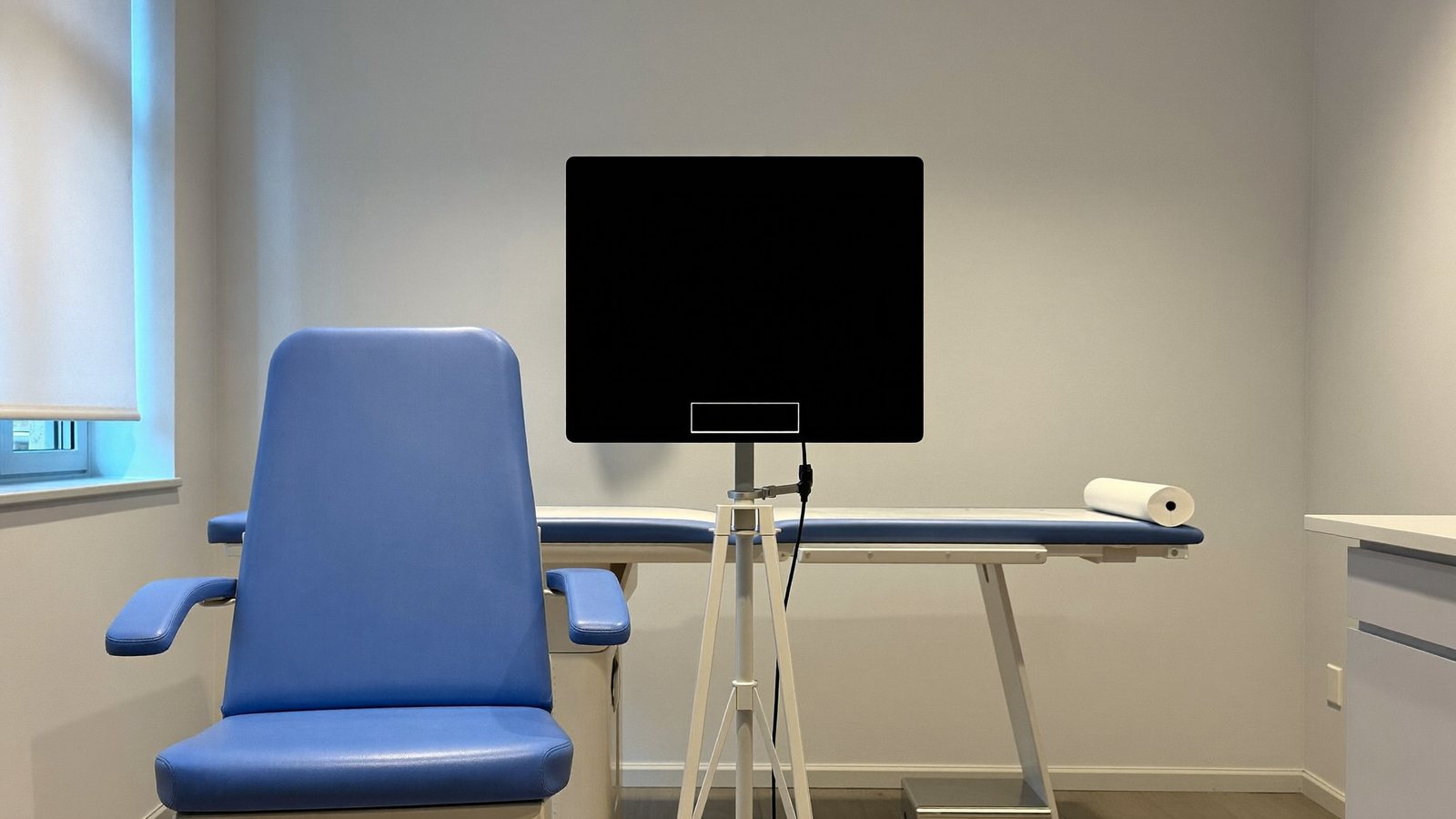 Tablet on a stand set up at eye level for a video interpreting session