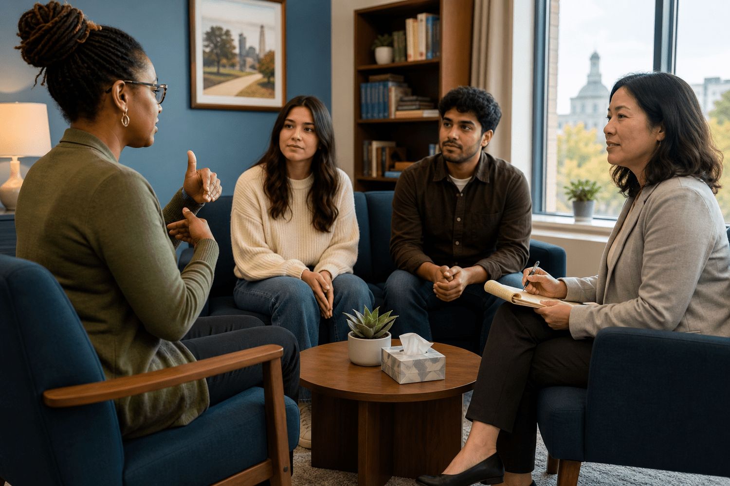 Certified interpreter assisting a patient during a mental health consultation in an Indiana clinic