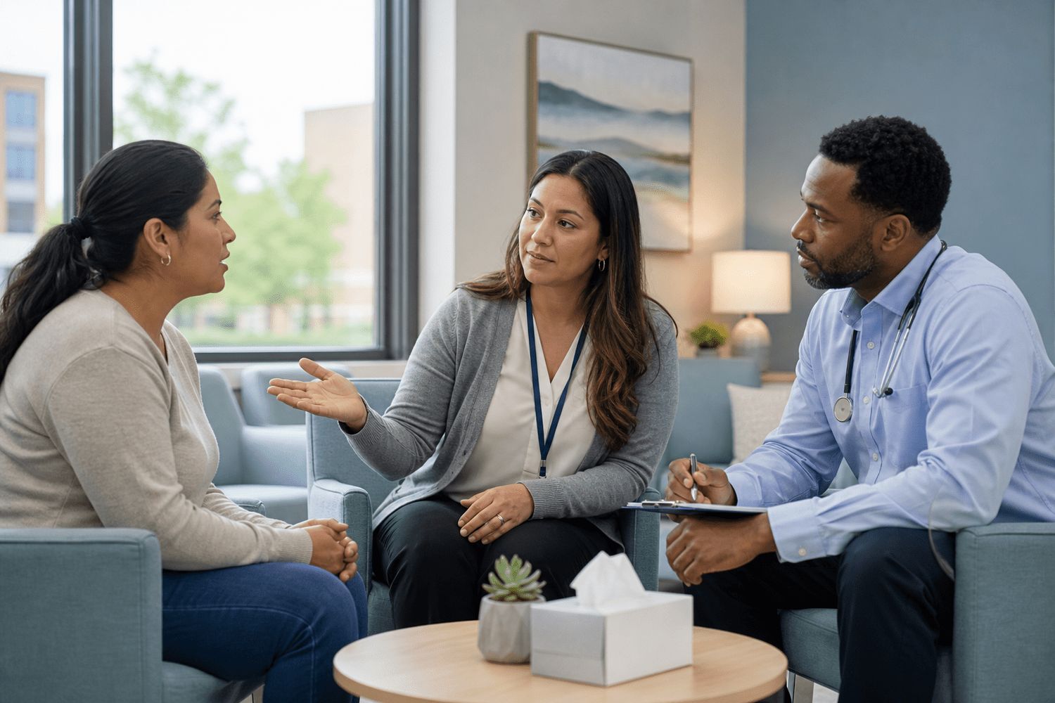 Certified interpreter facilitating a psychiatric evaluation with a clinician and Spanish-speaking patient in an Indiana hospital behavioral health unit