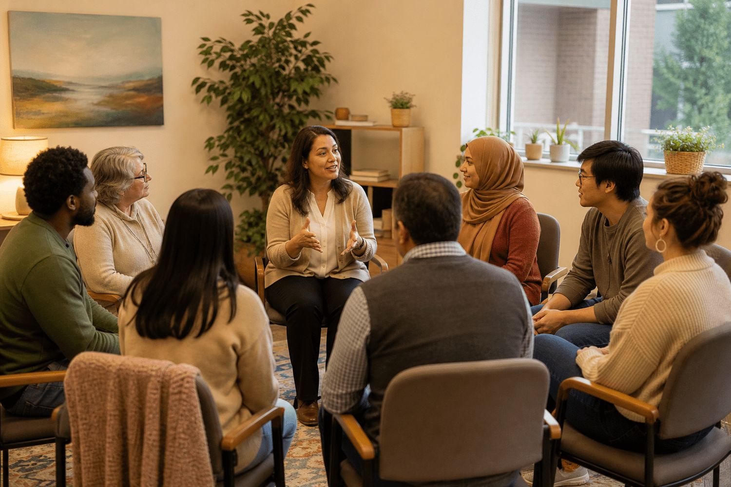 Certified interpreter facilitating a multilingual group therapy session at a community mental health center in Indiana