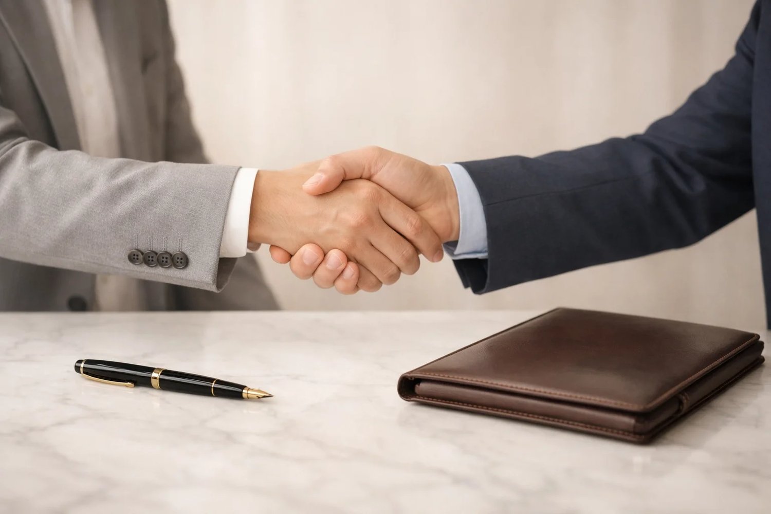 Two attorneys shaking hands over a marble desk with a fountain pen and leather portfolio, symbolizing a trusted partnership built on certified legal translation services