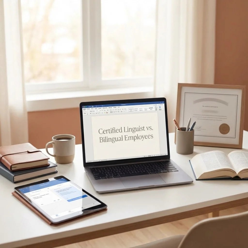 Workspace with laptop displaying “Certified Linguist vs Bilingual Employees,” highlighting the professional differences between certified linguists and bilingual employees in translation and language services.