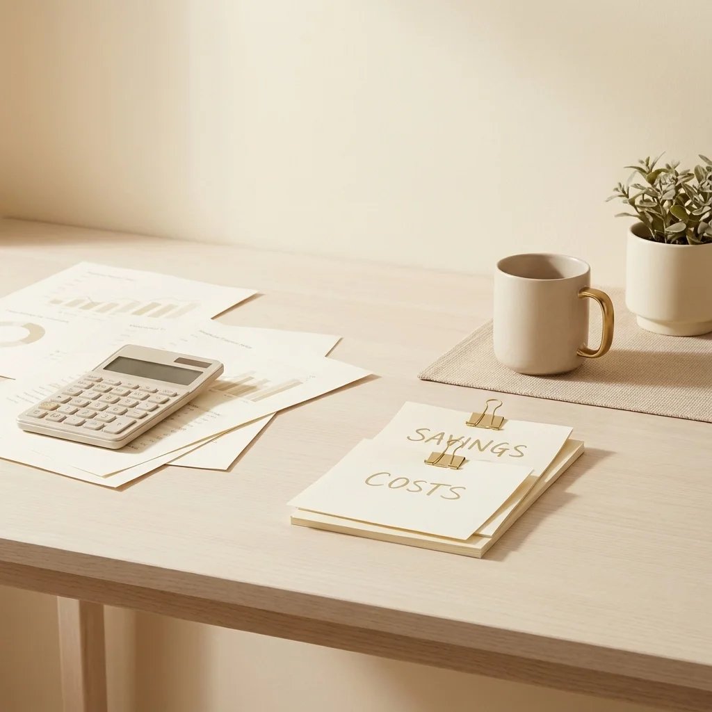 Cost comparison workspace with calculator and documents labeled savings and costs, illustrating the true financial impact of choosing a certified linguist vs bilingual employees for professional communication.