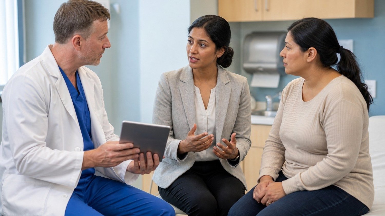 Certified medical interpreter working with a physician and patient at a hospital in Evansville IN