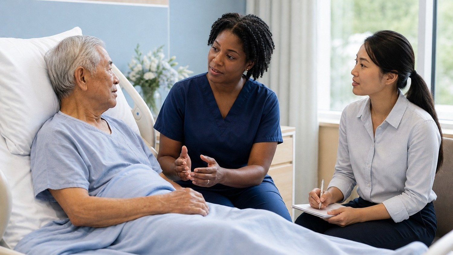 Professional interpreter providing language access at a hospital bedside in Evansville Indiana