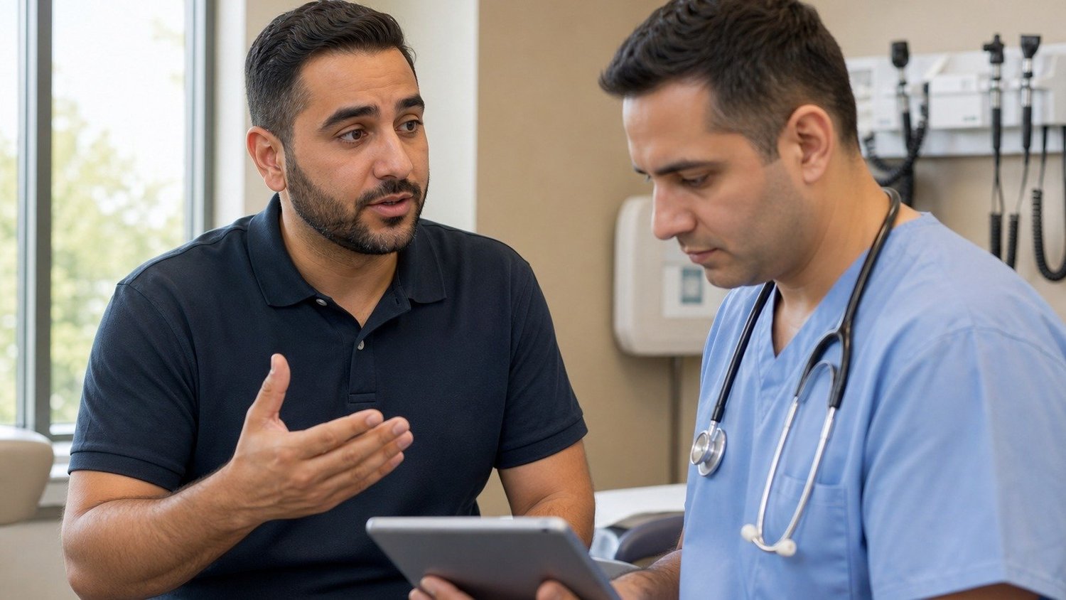 Medical interpreter consulting with physician in a modern Indiana clinic setting