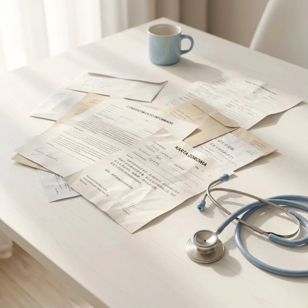 Certified medical translation documents in multiple languages reviewed on a healthcare desk with stethoscope, supporting compliant medical translation services in Illinois.