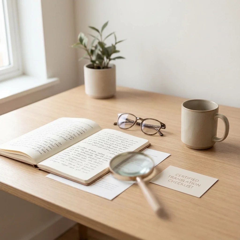Certified translation quality review workspace with handwritten notes, magnifying glass, and official translation checklist on a professional desk