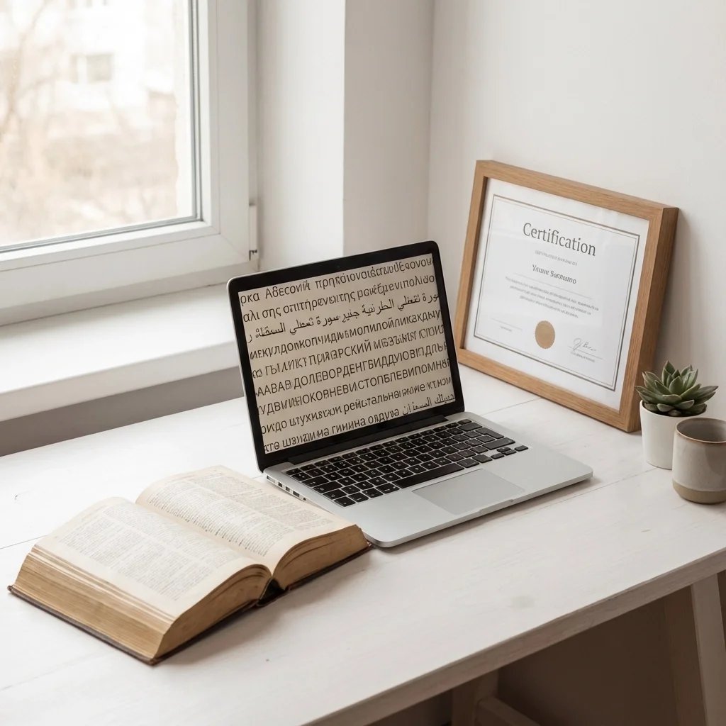 Certified translation quality demonstrated through multilingual text analysis, professional linguist certification, and reference materials
