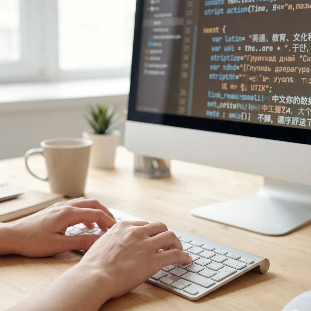 Certified translation quality process shown through professional linguist reviewing multilingual text on computer using structured quality control system