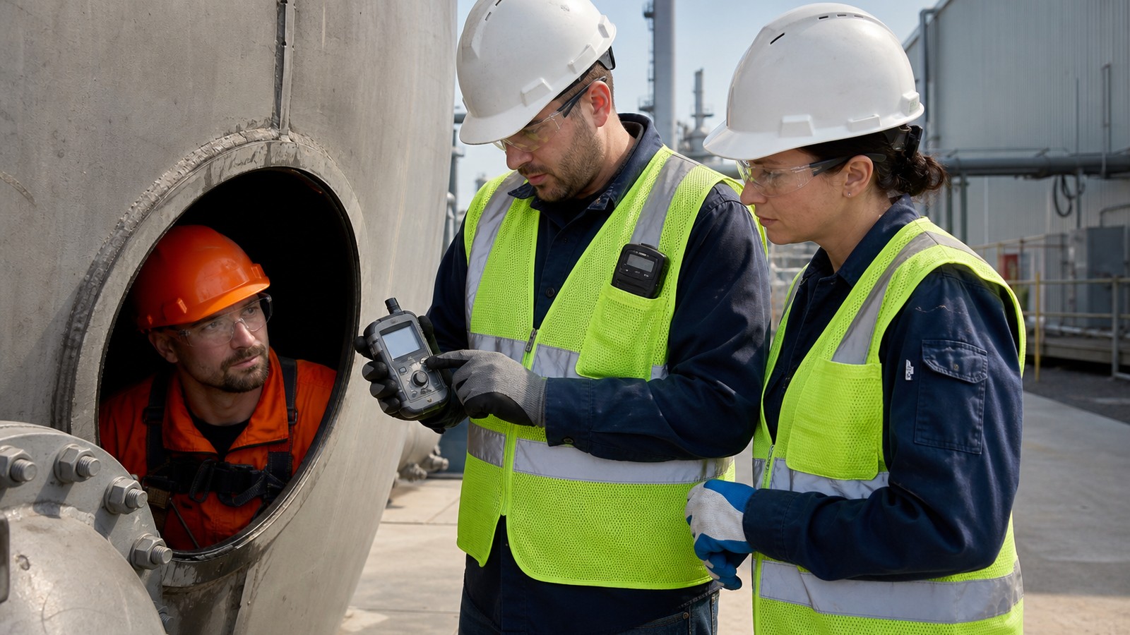 Attendant and interpreter reviewing an atmospheric gas monitor reading with an entrant before a permit-required confined space entry