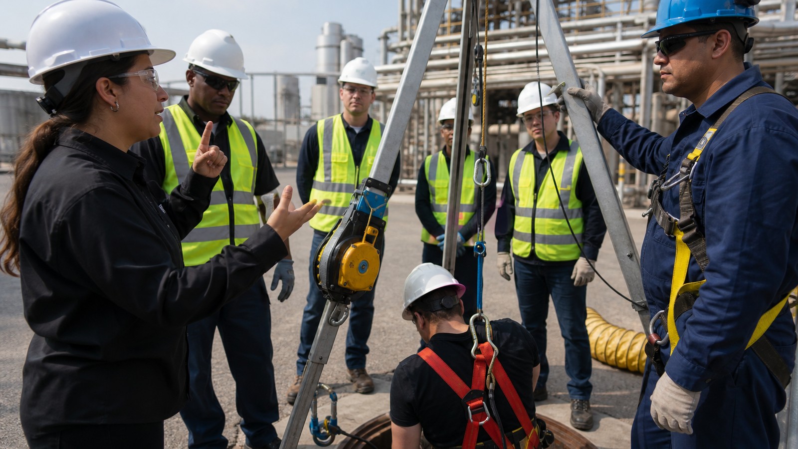 Interpreter helping a manufacturing crew rehearse a non-retrieval rescue plan during a confined space safety drill
