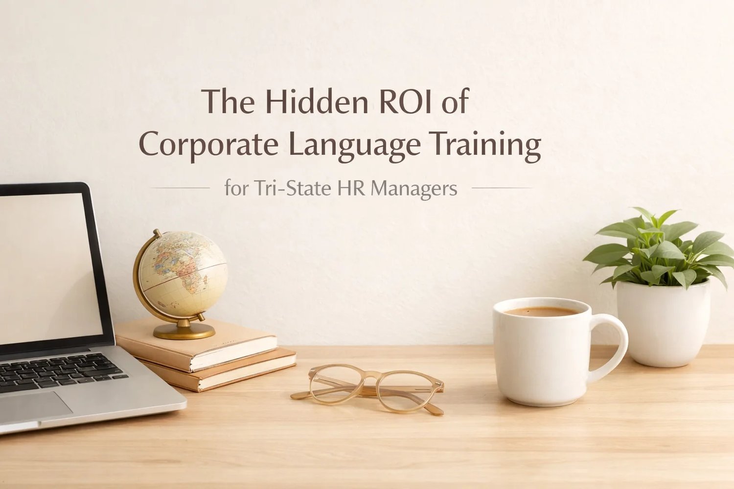 Minimalist workspace with a laptop, globe, and coffee cup, featuring a text overlay about the Hidden ROI of Corporate Language Training for Tri-State HR Managers in Indiana, Kentucky, and Illinois.