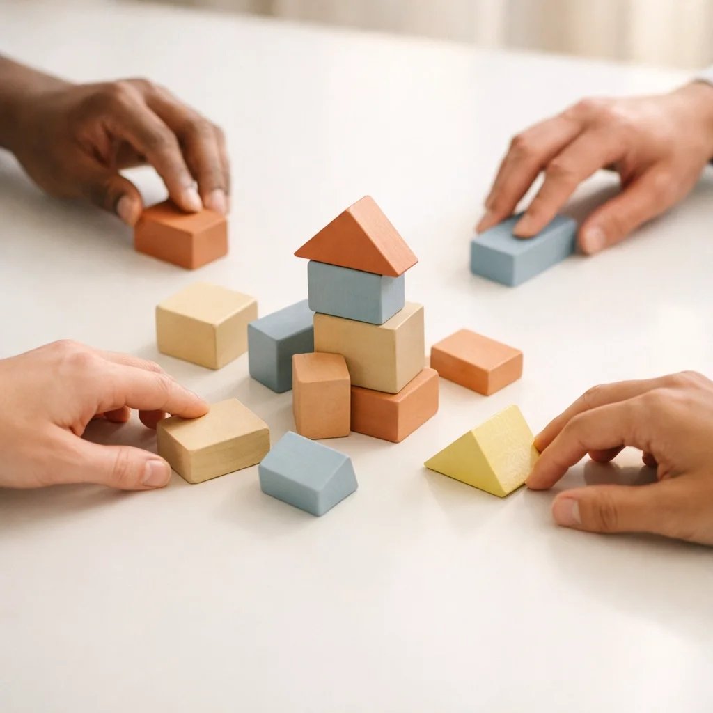 Diverse hands working together to build a structure with colorful wooden blocks, symbolizing teamwork and the Corporate Language Training ROI in a multilingual workplace.