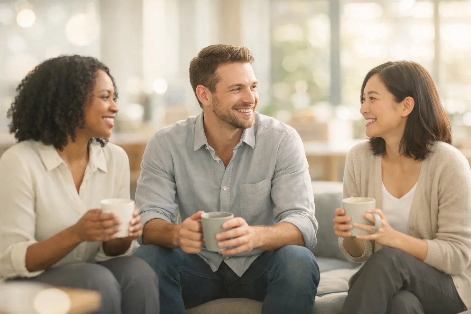 Three diverse colleagues smiling and talking over coffee in a bright office, illustrating the employee engagement and Corporate Language Training ROI.