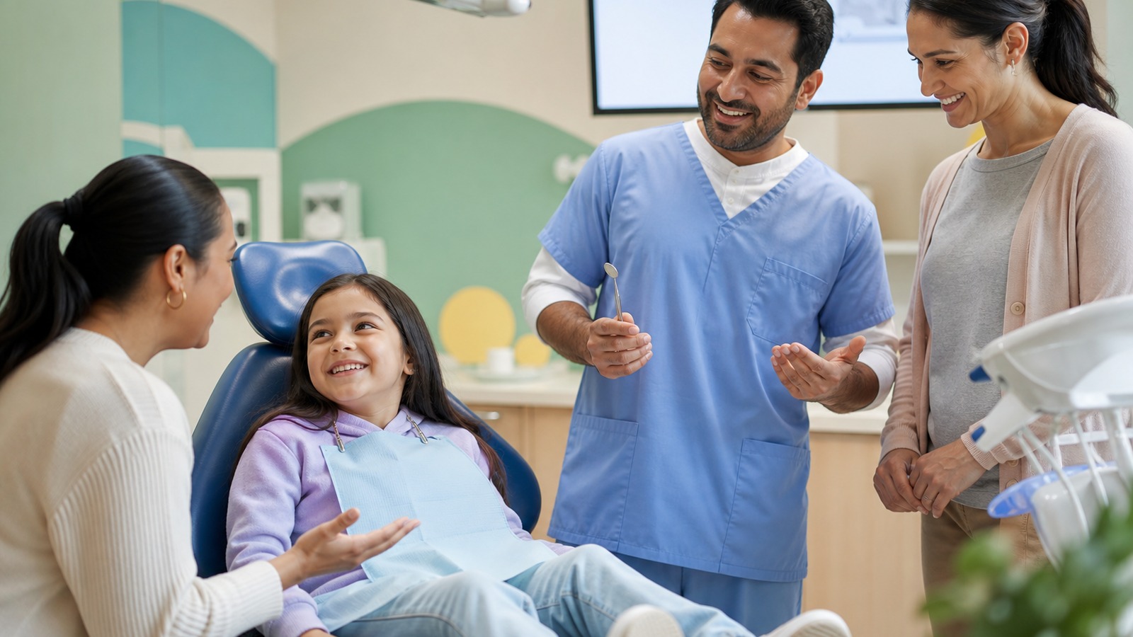 Dental interpreter and dentist speaking with a child patient and her parent in a pediatric dental exam room