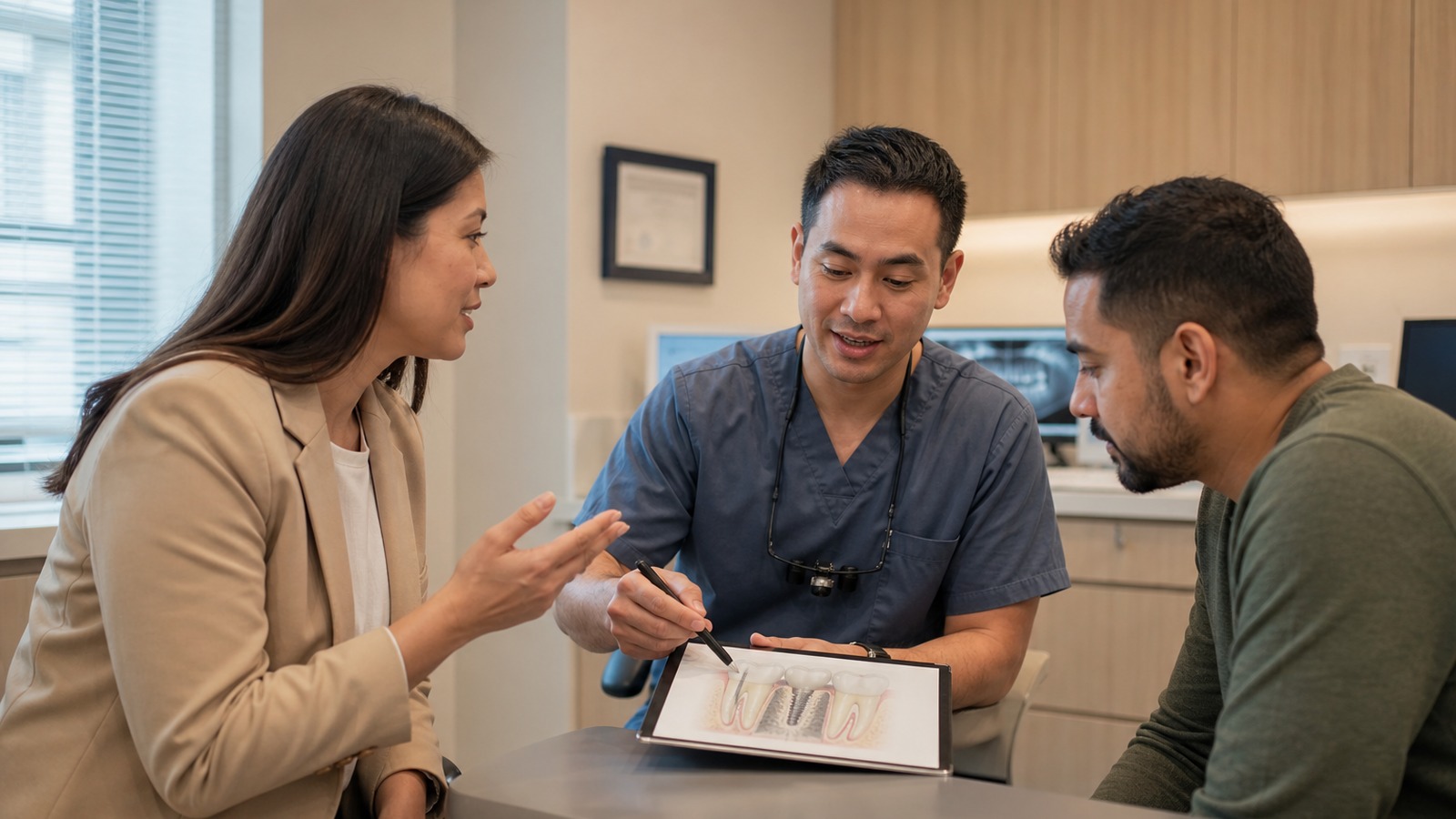 Dental interpreter reviewing a treatment plan diagram with a dentist and patient during a consultation