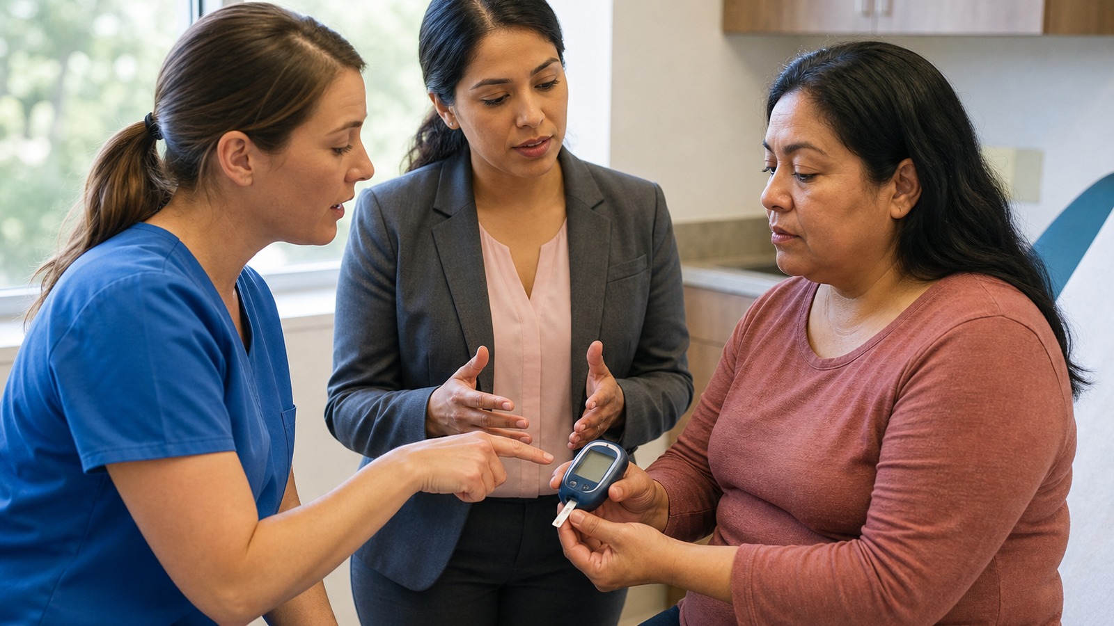 Diabetes education interpreter helping a patient understand a blood glucose meter reading alongside a nurse