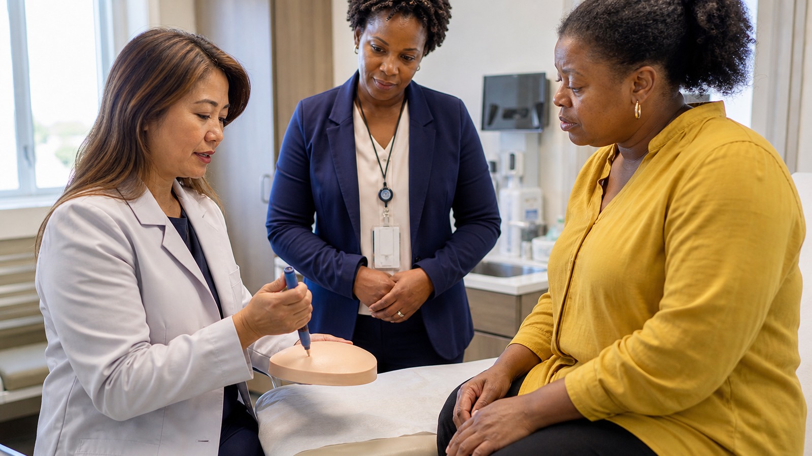 Diabetes education interpreter facilitating insulin pen injection technique teaching between a clinician and patient