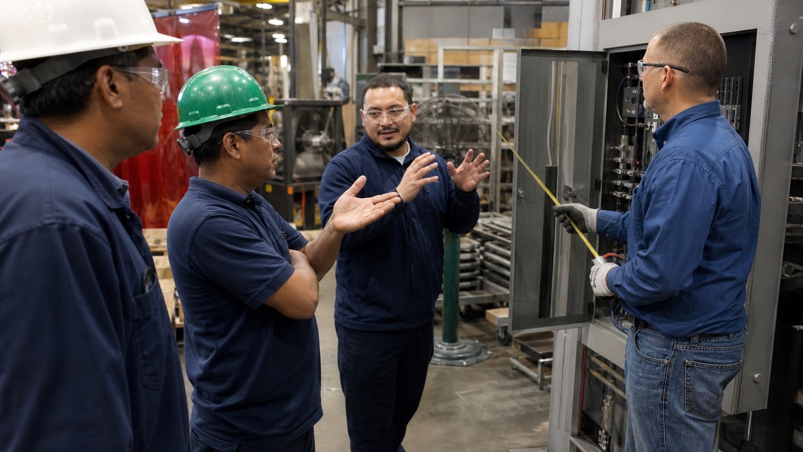 Interpreter helping manufacturing workers understand an arc-flash boundary measurement during an electrical safety drill