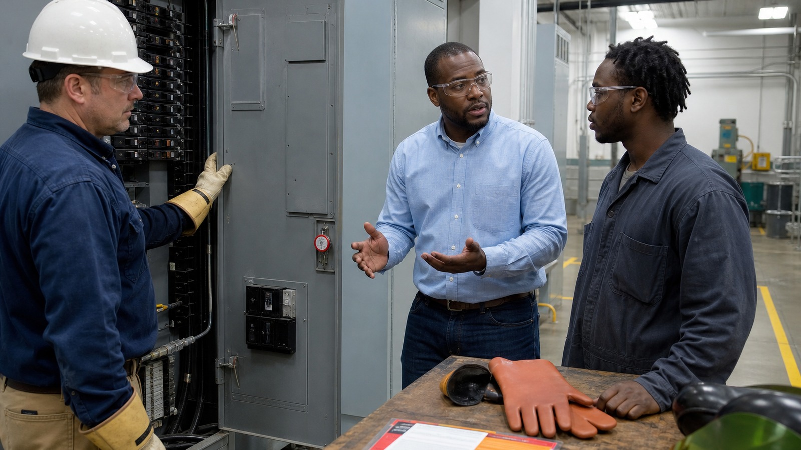 Electrical safety training interpreter helping a maintenance technician review a locked electrical panel with a qualified electrician