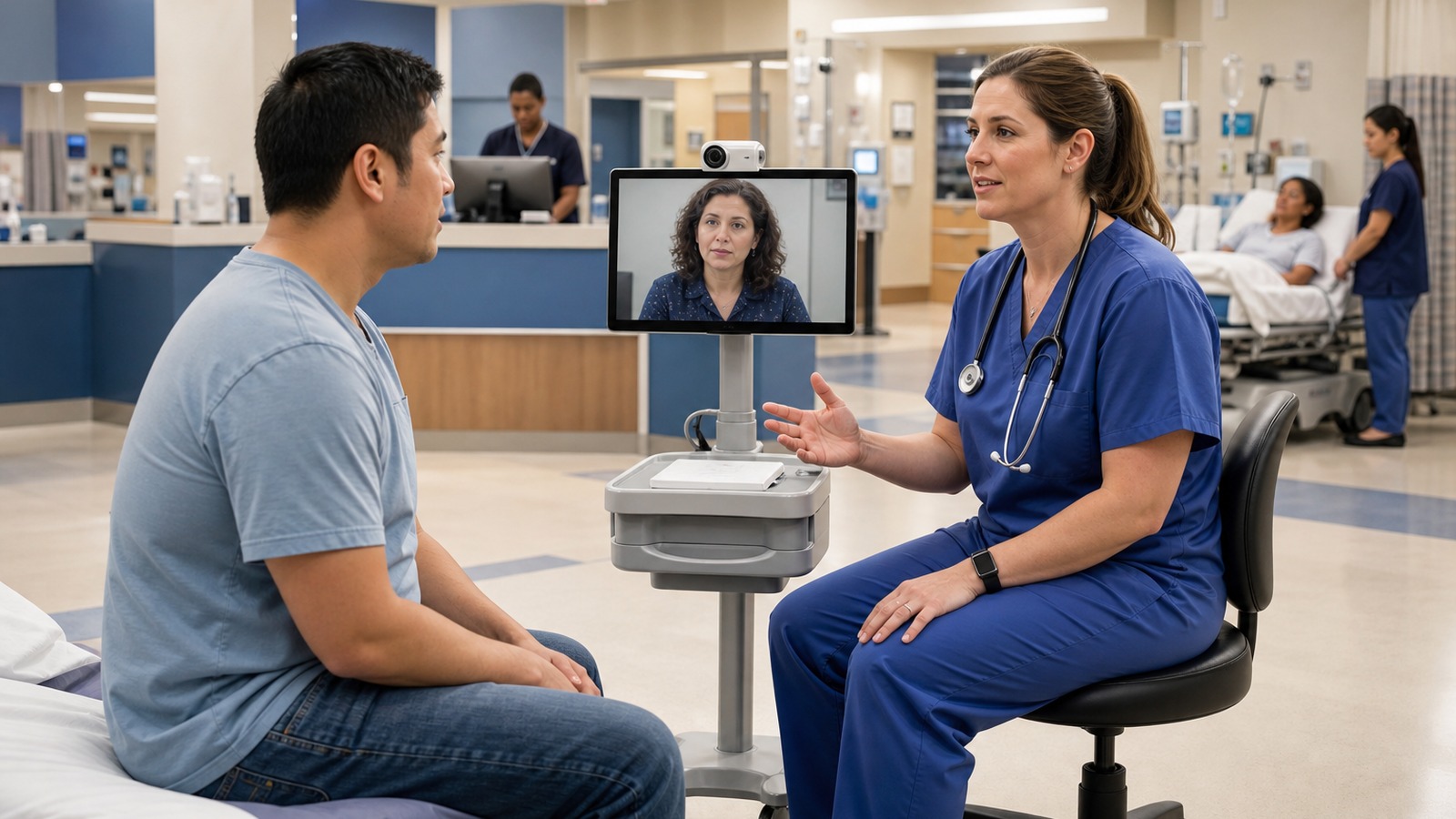 Emergency department clinician using a video remote interpreting cart to communicate with a patient during triage at an Indiana hospital