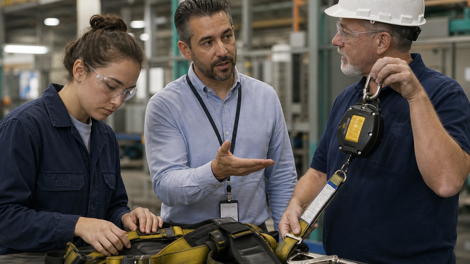 Fall protection interpreter relaying a harness and lanyard inspection between a safety trainer and a worker at a workbench