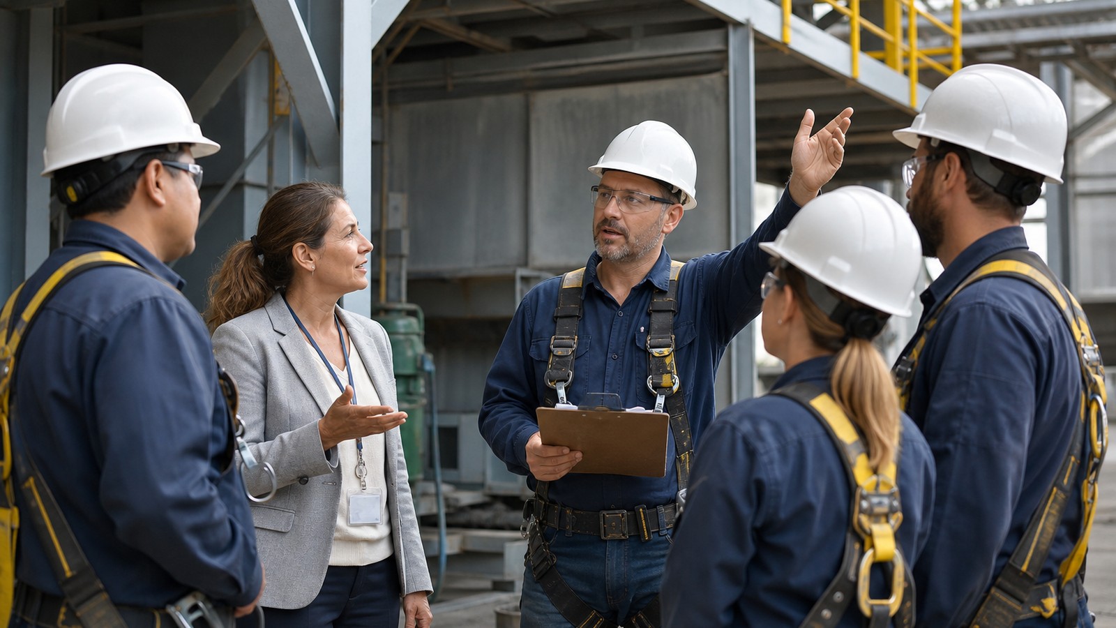 Fall protection interpreter relaying a rescue-plan safety briefing to a crew of harnessed workers at a manufacturing site